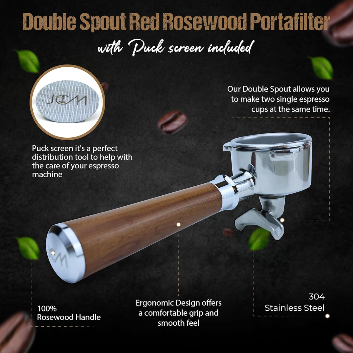 54mm Espresso Double Spout Portafilter 3 Ears Red Rosewood Handle compatible with Breville espresso machines Includes Stainless Steel 18g Filter Basket & 1.7mm Puck Screen (54mm Red Double Spout)