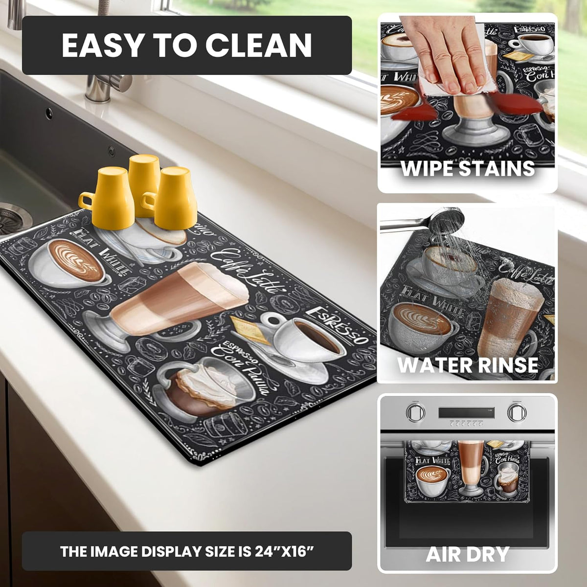 Dish Drying Mat Super Absorbent – 12" x 18" Coffee Mat for Countertops – Non-Slip Drying Mat for Kitchen Counter – Easy to Clean Water Absorbent Mat – Quick Dry Dish Drying Mats (Americano)