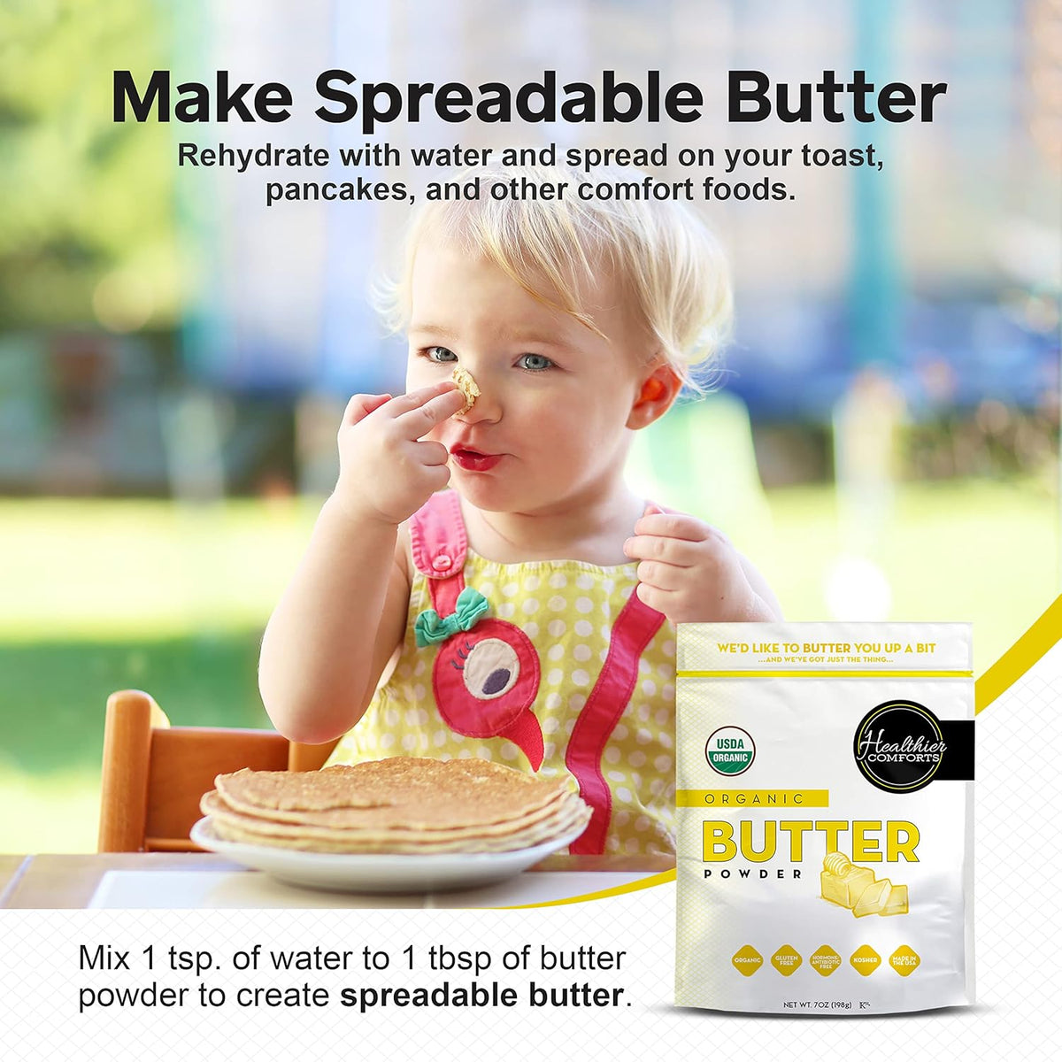 Healthier Comforts Organic Butter Powder | USDA Certified Organic Dehydrated Unsalted Butter | Kosher, Gluten Free, Non-GMO | Popcorn, Baking, Seasoning 7oz