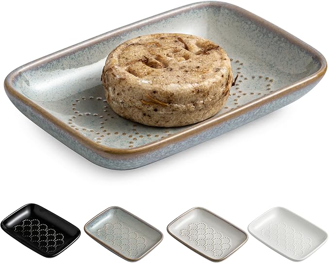 Gomakren Soap Dish for Shower, Ceramic Soap Dishes for Bar Soap Sponge, Shower Soap Holder Saver Tray for Bathroom Kitchen Sink, Easy to Clean, Gray