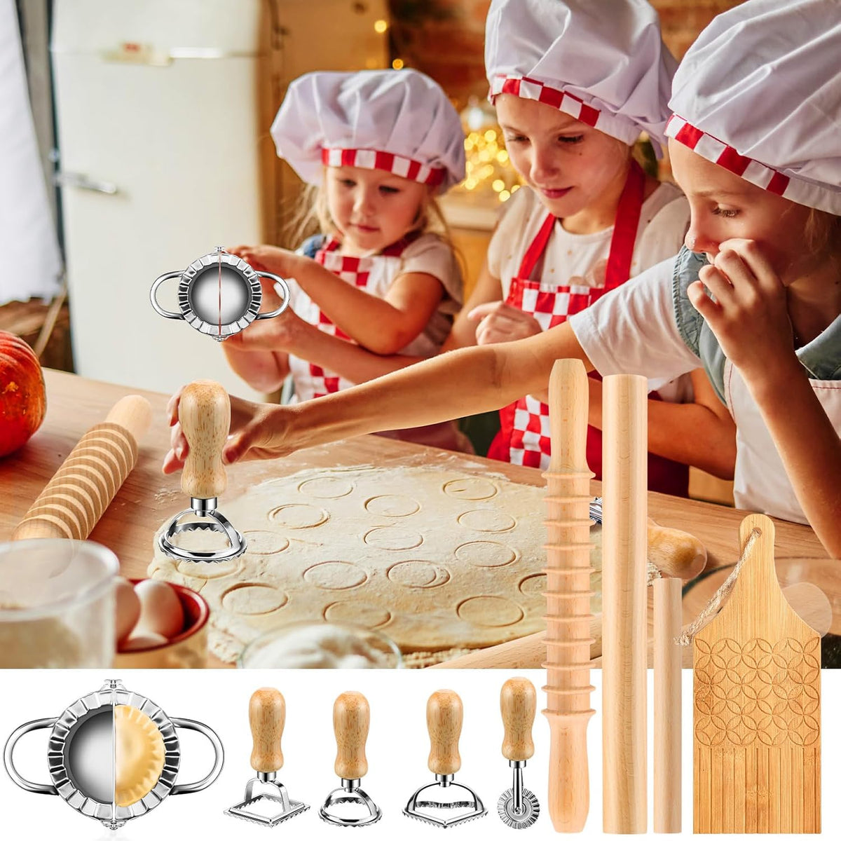 9 Pcs Gnocchi Pasta Making Tools kit - Gnocchi Board, Pasta Cutter, Ravioli Stamp, Wood Threaded Pasta Roller Pin Set, Noodle and Dumplings Maker, Homemade Kitchen Gift for Pasta Lovers