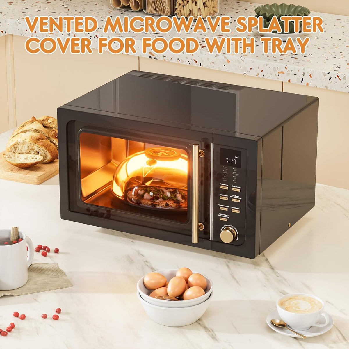 Microwave Splatter Cover for Food, Plastic Microwave Cover with Water Steamer and Integrated Handle, 10 Inch Splatter Guard Lid with Plate, Kitchen Gadgets & Accessories (Black, 10 inch)