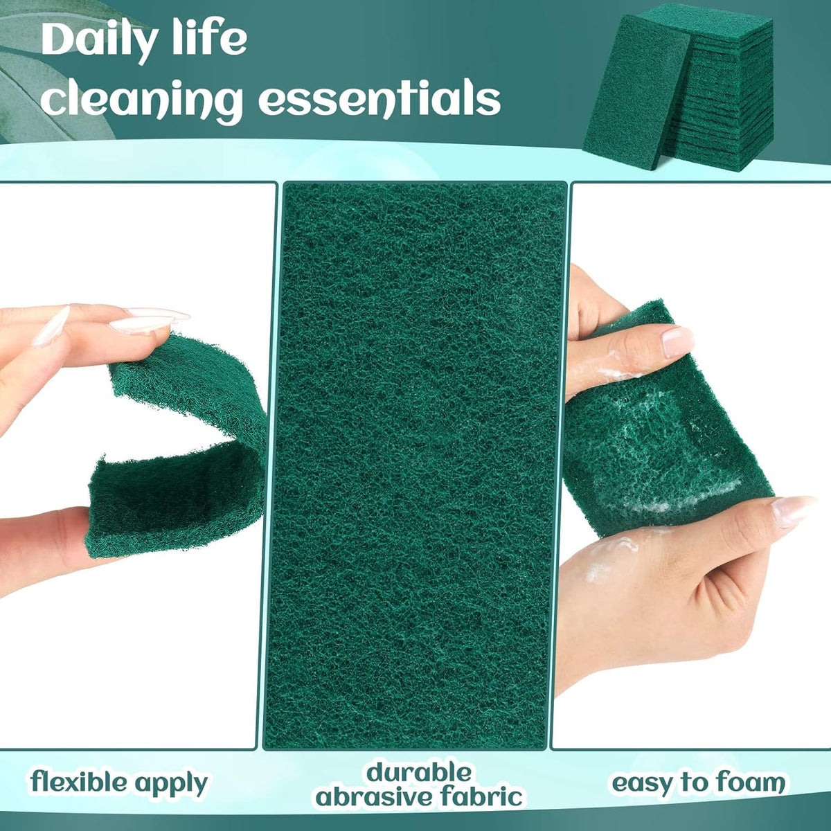 Hoolerry 100 Pcs Heavy Duty Scouring Pads Non Scratch Household Scrub Pads for Cleaning Reusable Pan Scrubber Anti Grease Scrubbing Pads for Dish Kitchen Metal Grills, 4.3 x 3 x 0.3 in (Green)