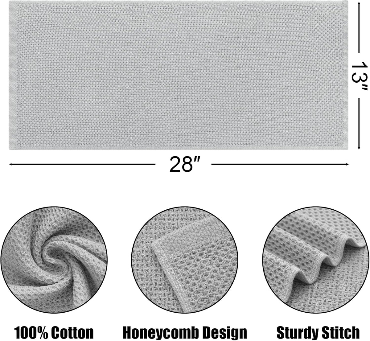 Kitinjoy 100% Cotton Waffle Weave Kitchen Dish Towels, 4-Pack Super Soft and Absorbent Kitchen Towels, 13 in x 28 in, Light Grey