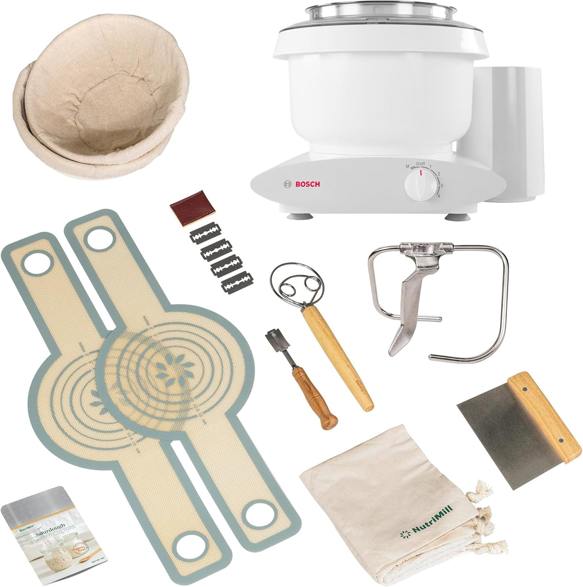 Bosch Universal Plus Stand Mixer with Sourdough Bundle Pack 500 Watt, 6.5 Quarts with Wire Whips, Dough Hook, NutriMill Dough Hook, and Sourdough Starter Bundle