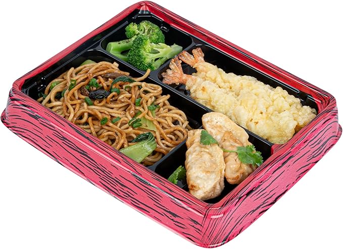 Restaurantware Bento Tek 15.2 Ounce Meal Prep Containers, 50 Disposable To Go Food Boxes - Lids Sold Separately, 4 Compartments, Red And Black Plastic Bento Lunch Boxes, Freezable, For Take Out