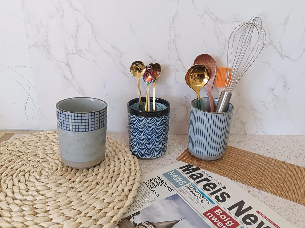 Stoneware Coffee Bar Utensil Holder Tea & Coffee Spoon & Stirrer Holder for Stir Stick Straw Teaspoon Holder Spoon Cup Small Utensil Jar (Blue Stripes)