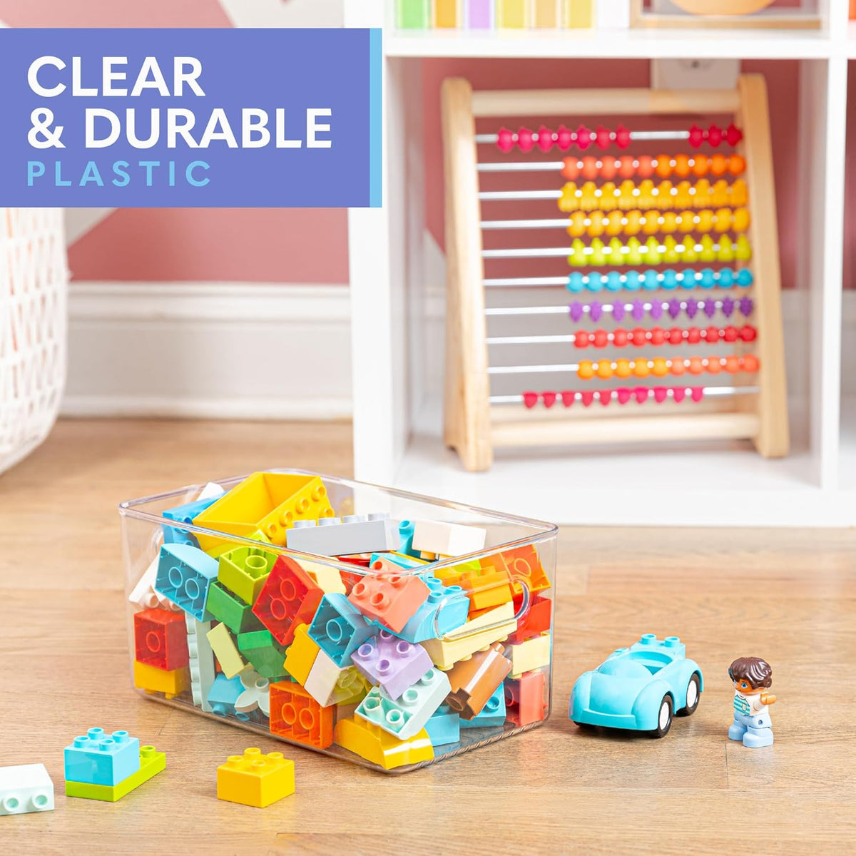 Plastic Food Storage 4 Pack Clear Container Bin with Handles for Organizing Kitchen, Pantry, Fridge, Freezer, Pantry,Bathroom. 10"x6"x5"
