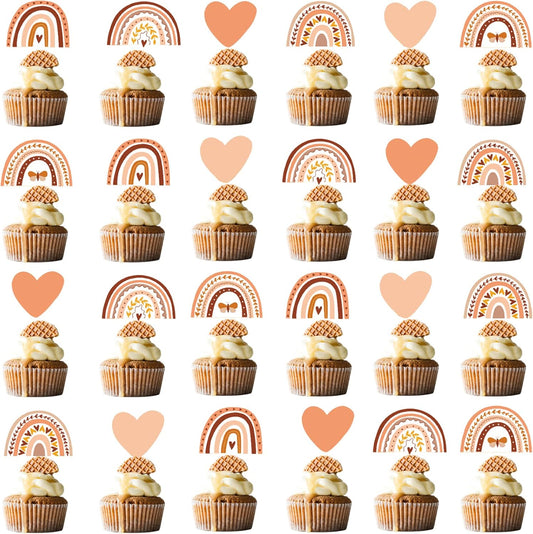 48 Pcs Boho Rainbow Party Cupcake Toppers for Boho Rainbow Birthday Party Decorations