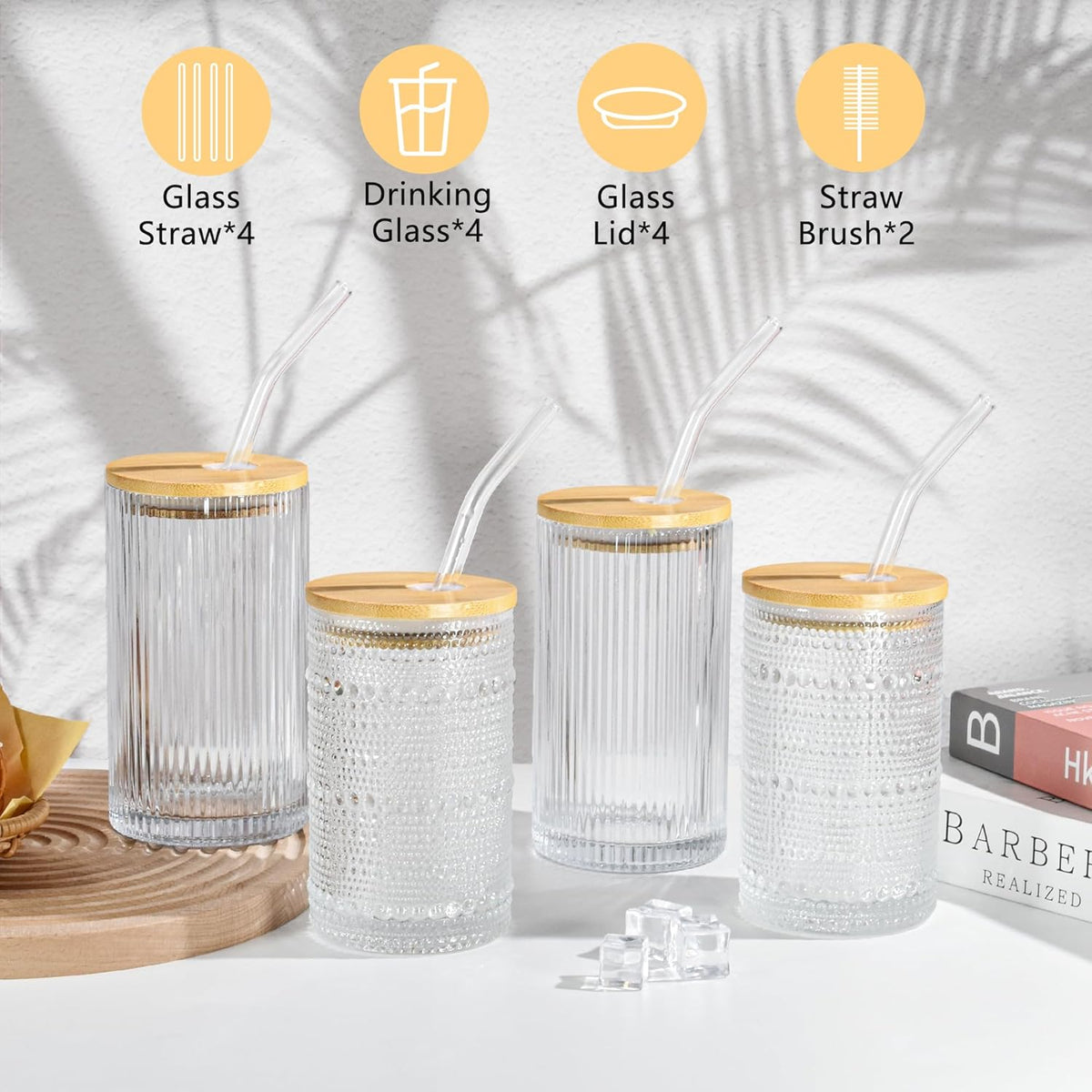 14 oz Drinking Glasses Set of 4 with Bamboo Lids Straws Striped Ribbed Glassware Set Vintage Glass Cups Embossed Iced Coffee Cup for Beer Cocktail Beverage(Ribbed)