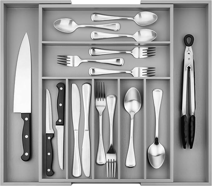 Purawood Bamboo Drawer Organizer - Expandable Silverware Organizer & Utensil Organizer, Cutlery Tray with Dividers, 7-9 Slots - Premium Kitchen Drawer Organizer for Utensils & Flatware (Grey)