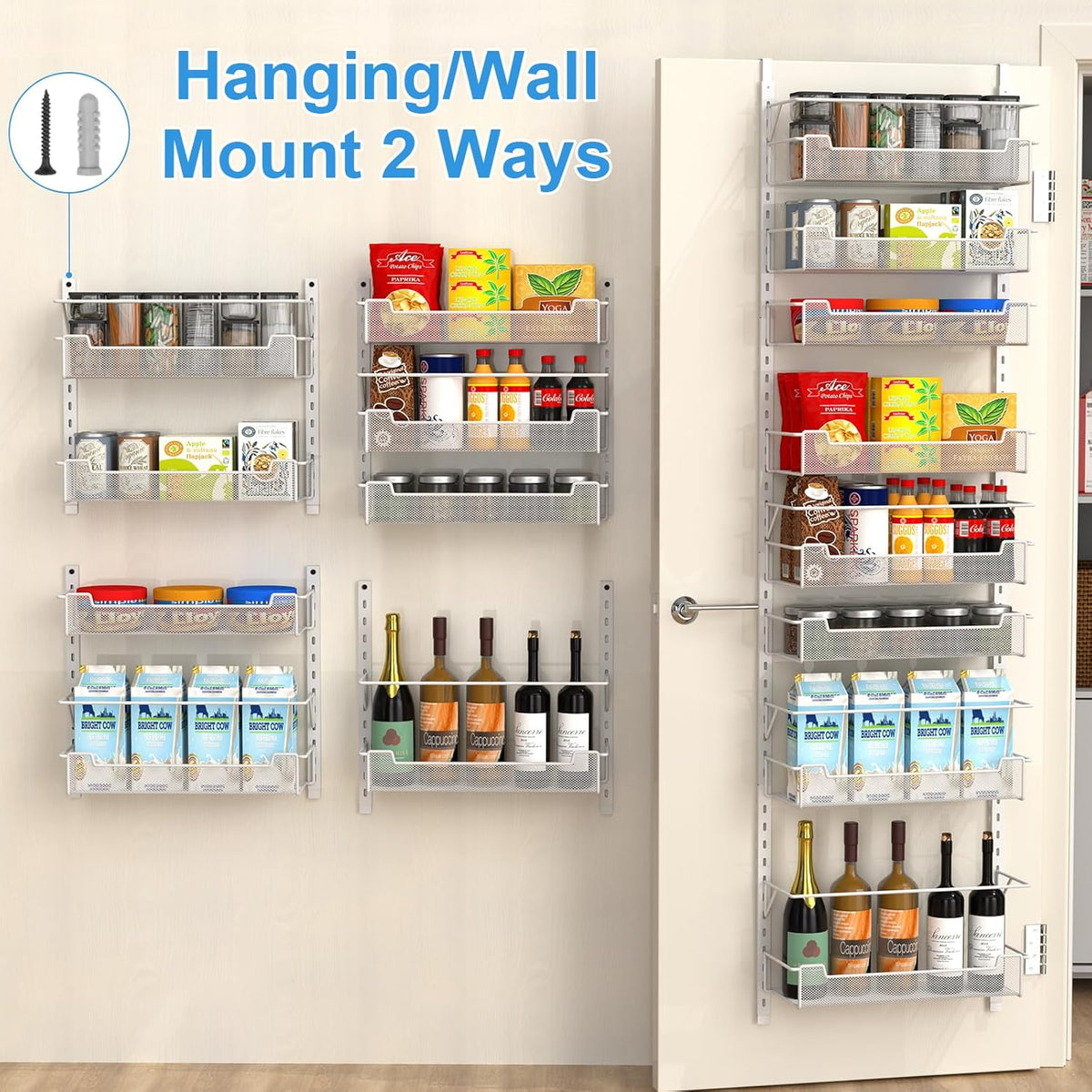 Over the Door Pantry Organizer, 8-Tier Over the Door Organizer with Adjustable Basket, Pantry Door Organization for Pantry Kitchen Storage Room Spice Rack, White