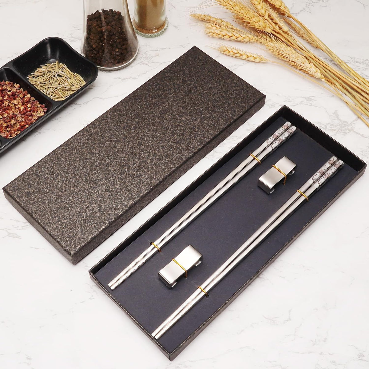 Stainless Steel Chopsticks, Titanium Plated Metal Chopsticks, 9.8" Premium Japanese Korean Color Laser Engraved Cooking Chop Sticks, Dishwasher Safe, Reusable, Anti-slip, Anti-scald, 2 Pairs Gift Set
