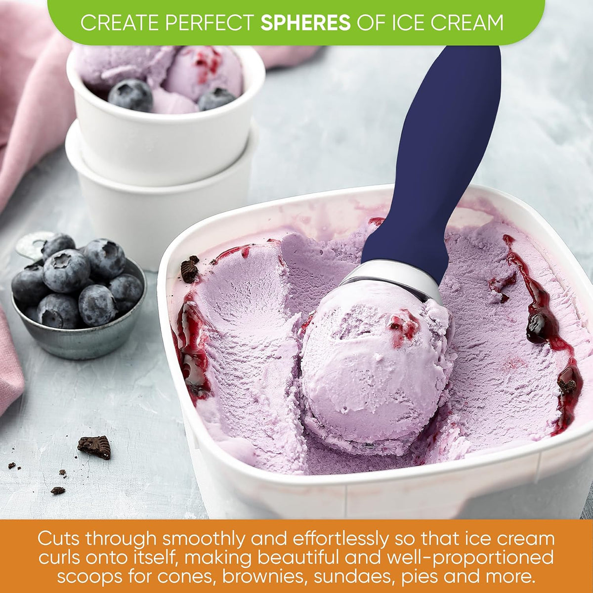 Spring Chef Ice Cream Scoop with Soft Grip Handle, Professional Heavy Duty Sturdy Scooper, Premium Kitchen Tool for Cookie Dough, Gelato, Sorbet, Sapphire