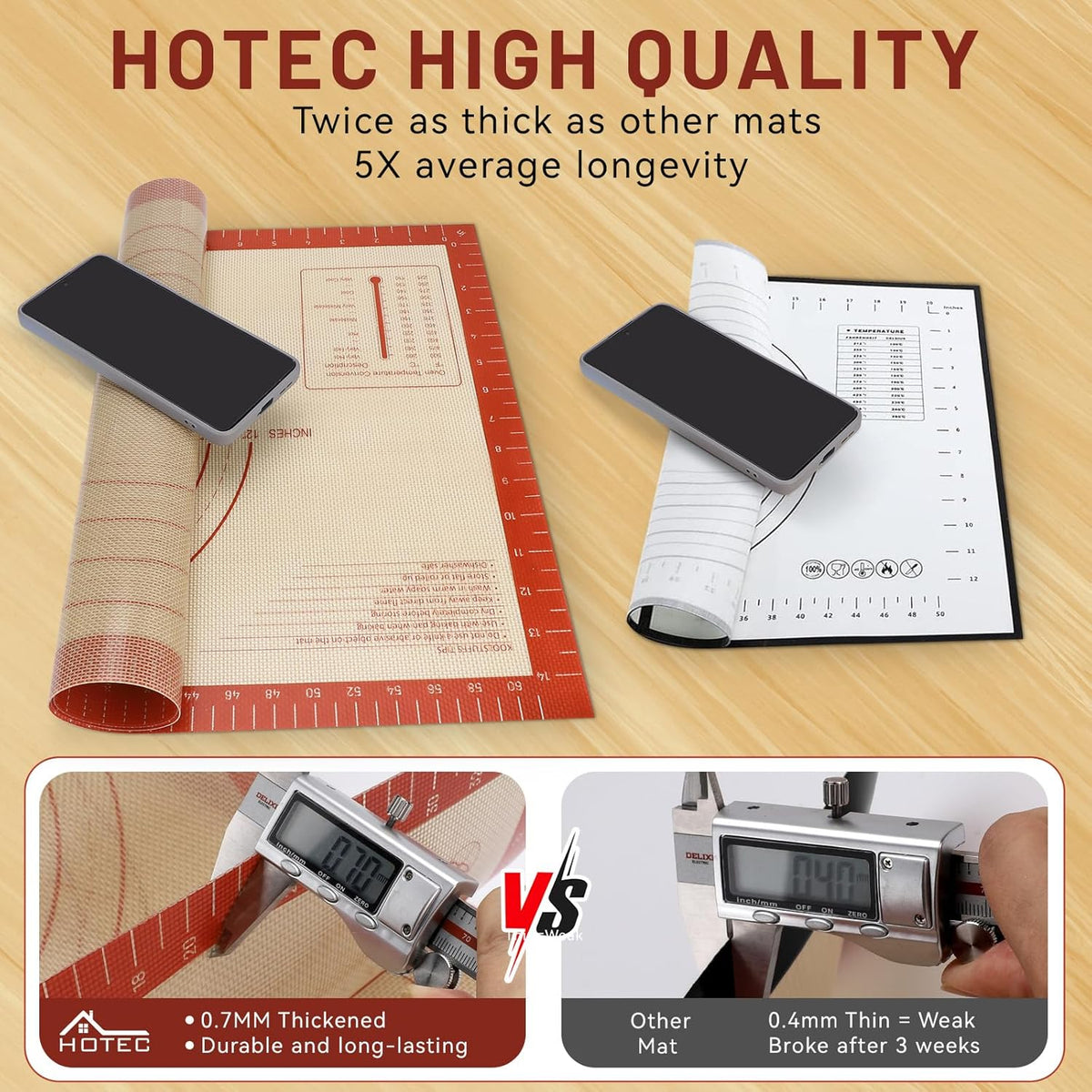 HOTEC Silicone Baking Mat - 26x16 Thickened Pastry Dough Mat with Measurement Non-Stick For Dough Rolling, Bread, Oven Liner, Kitchen Counter, Fondant/Pie Crust