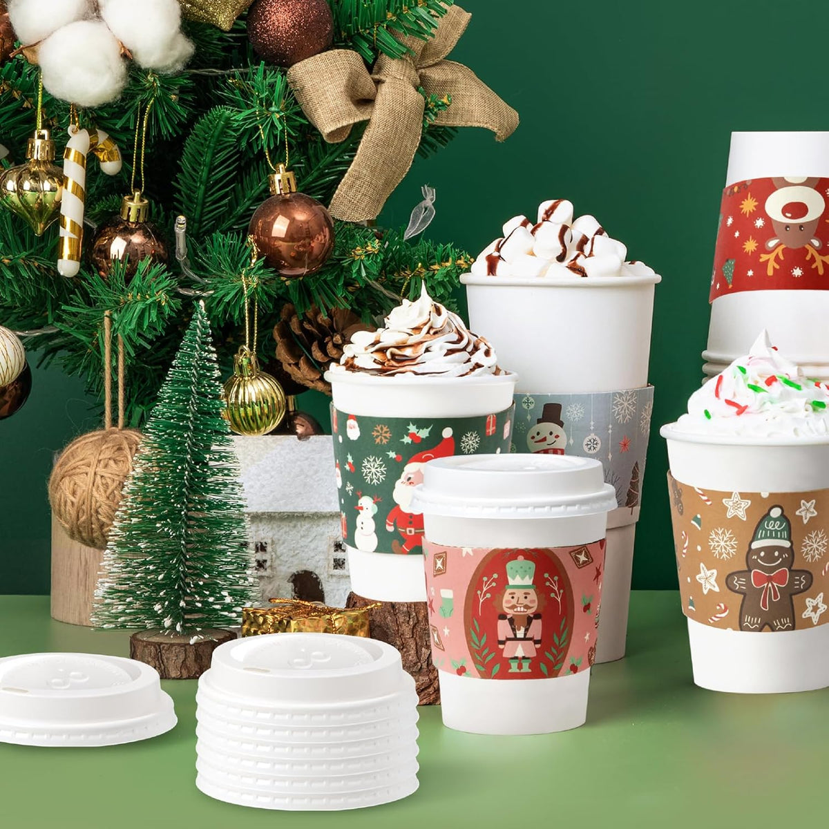 Fit Meal Prep 50 Pack 16 oz Christmas Disposable Coffee Cups with Lids, Sleeves, Leak-Proof To Go Coffee Cups with Lids, Durable Holiday Hot Paper Cups for Home, Office, Party, Business