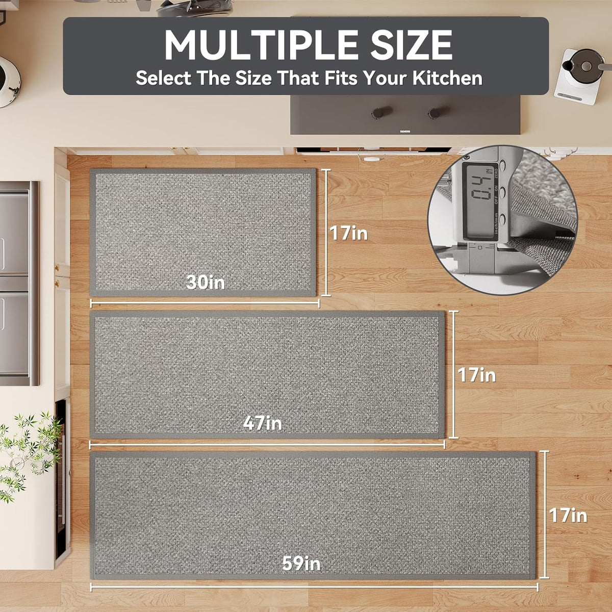 Kitchen Mats for Floor, Rubber Backing Kitchen Rugs Non Slip Washable, Super Absorbent Jute-Like Braid Kitchen Runner Rug Sink Mat Standing Mat, Easy to Clean, Gray 17"x30"