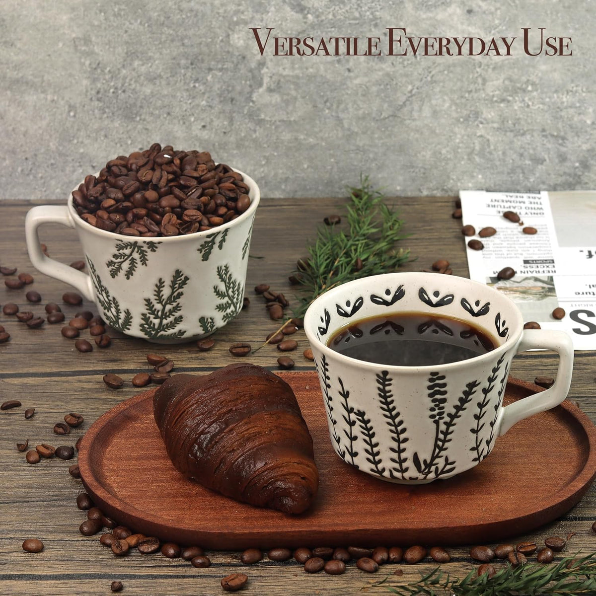Ceramic Coffee Mug, 12 oz Novelty Unique Teacup with Large Handle, Stoneware Cup for Tea Mocha Latte Cappuccino Espresso (Leaf)