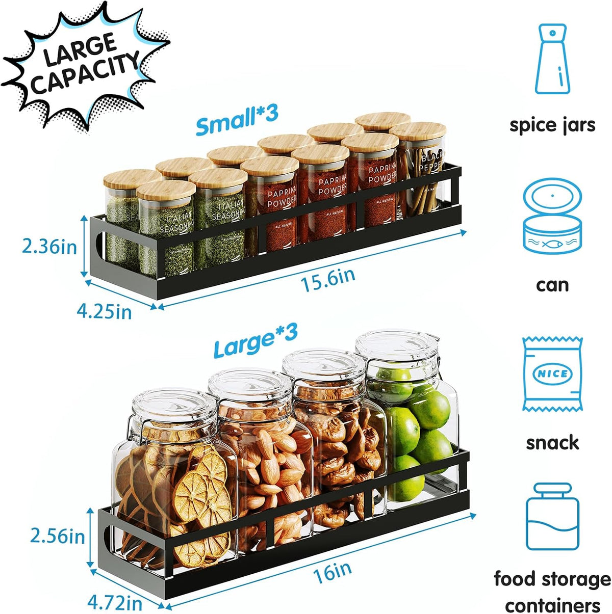 X-cosrack 6-Tier Wall-Mounted Spice Rack Organizer with Mixed Basket Sizes, Height-Adjustable Hanging Spice Shelf for Kitchen Pantry Cabinet, Large-Capacity Seasoning Holder, Black