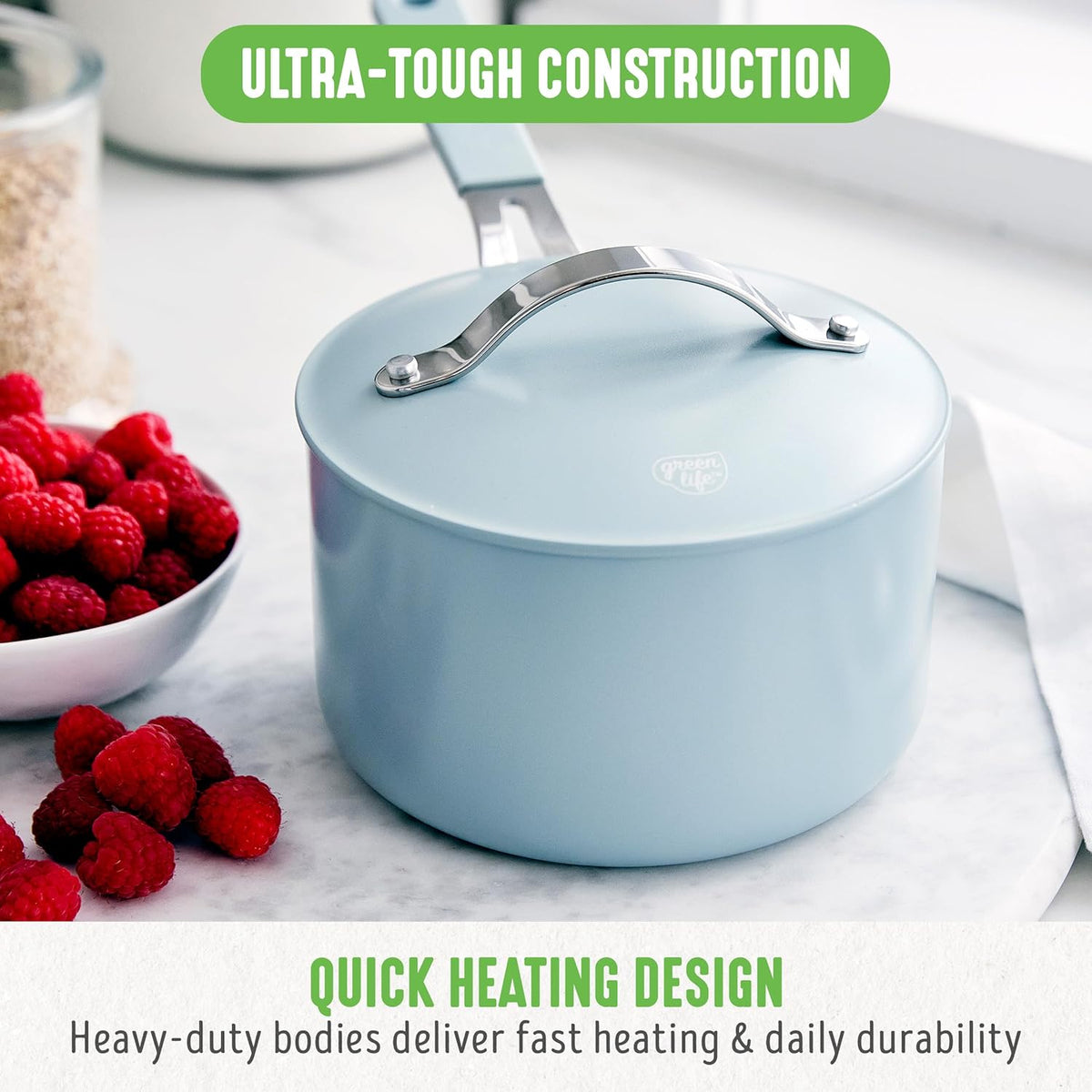 GreenLife 2 Quart Nonstick Saucepan with Lid, Lightweight Healthy PFAS-Free Milk Pan, Dishwasher & Oven Safe Soup Pan, Durable Body, Silicone Stay-Cool Handle, Easy Release Chef’s Pan, Blue Haze