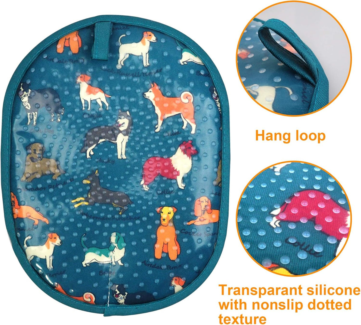 Pot Holders Set of 2 with Transparent Clear Silicone Shell and Nice Dog Flower Cotton Lining, Heat Resistant to 500 F Kitchen Oven Gloves Pot Holder for Cooking (Blue Dog, Potholders)