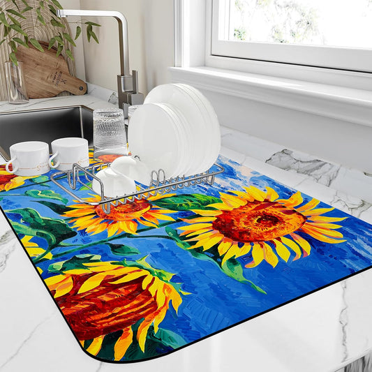 Kitchen Mat Oil Painting Sunflowers Dish Drying Mat 16"x24" Bsorbent Coffee Maker Mat for Sink Dishes or Under Rack Kitchen Counter Accessories Absorbent Hide Stain Rubber Backed Dish Drying Pad