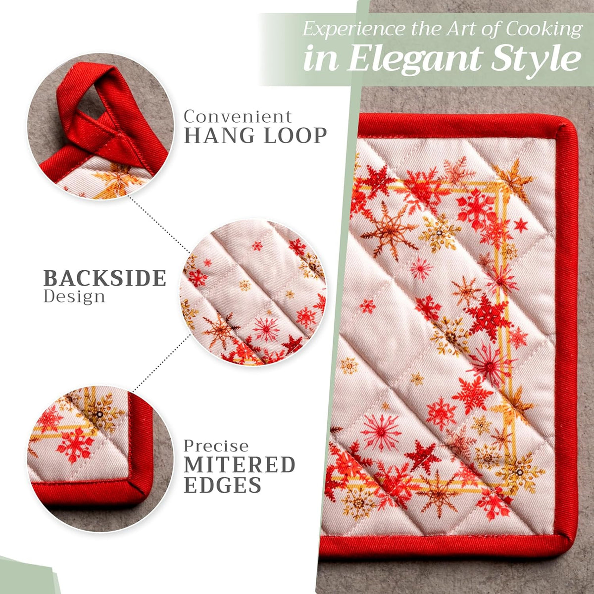 Maison d' Hermine 100% Cotton Oven Mitt & Pot Holder Set (7.5"x13" & 8"x8") Heat Resistant BBQ Cooking Gloves with Loop, Baking, Grilling, Kitchen, Handling Hot Pans (Crystal Star)