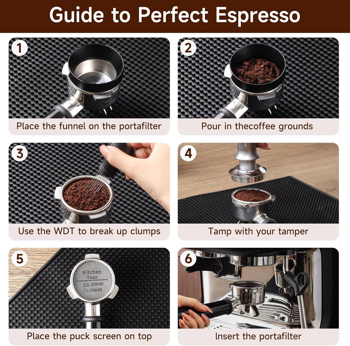 KitchenTour Espresso Accessories Kit 53.5mm, WDT Tool, Dosing Funnel and Puck Screen Set, 304 Stainless Steel Needle Coffee Distribution Stirrer, Portafilter Dosing Ring for Barista 53.5mm
