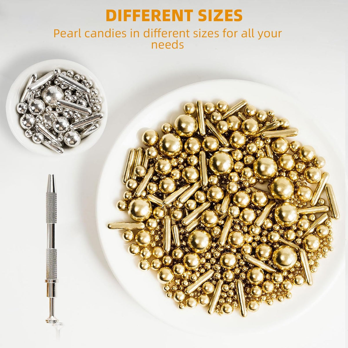 Kasvan Gold and Silver Sugar Sprinkles - Edible Candy Pearls with 4-Claw Sprinkle Pen,8.32Oz, Gift Box Pack, Baking Cake Decorations, Ice Cream Toppings and Cookie Decorating, Wedding Party Chirstmas Supplies
