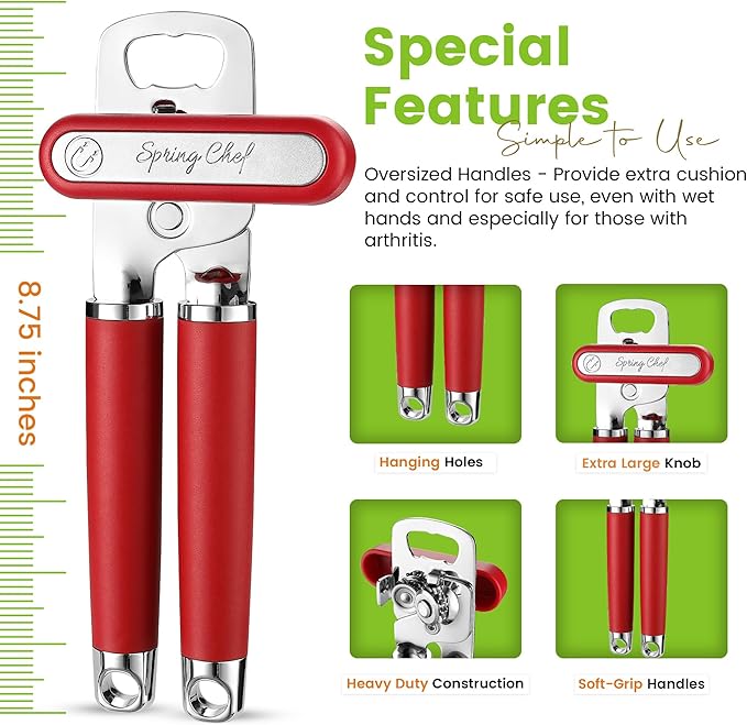 Spring Chef Stainless Steel Can Opener - Manual with Soft Grip Handles, Easy Turn, Heavy Duty Hand Can Opener for Seniors with Smooth Edge - Red
