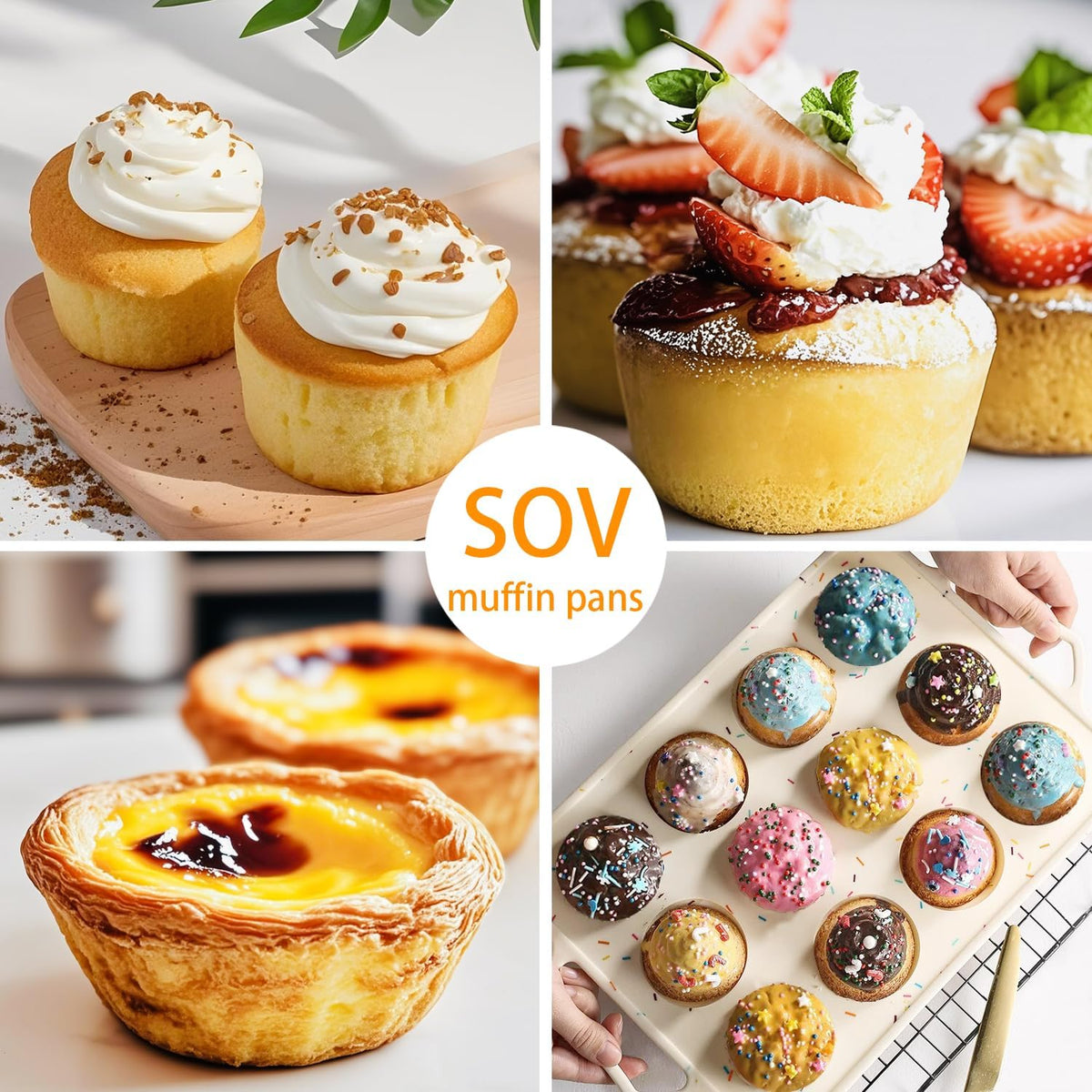 SOV Silicone Muffin Pan for Baking with Metal Reinforced Frame, Non-Stick 12 Cups Muffin Pan for Muffin Cakes, Tart, Bread,Cupcake Baking Pan Molds, Oven & Dishwasher Safe, 2 packs (white-D)