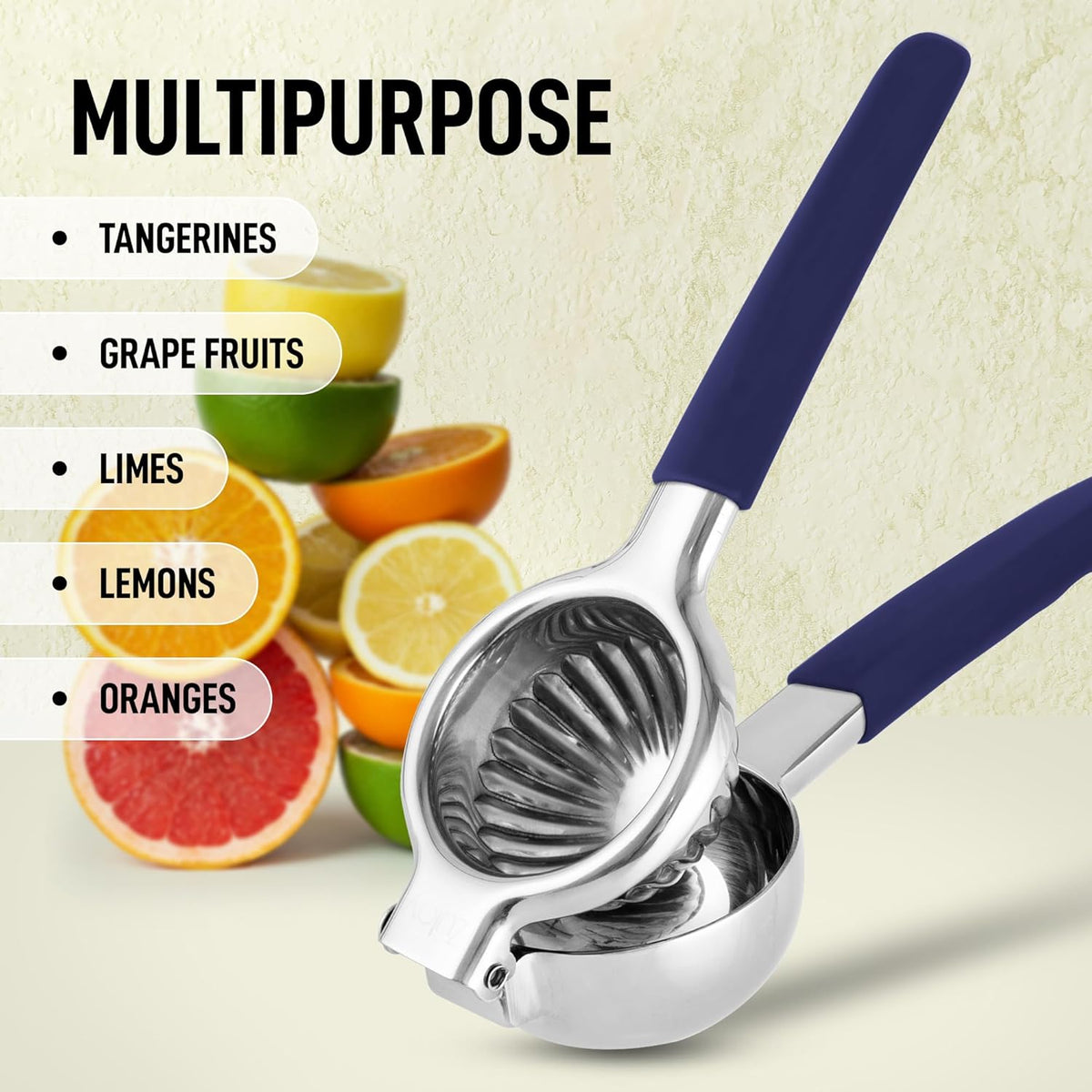 Zulay Lemon Squeezer Stainless Steel with Premium Heavy Duty Solid Metal Squeezer Bowl and Food Grade Silicone Handles - Large Manual Citrus Press Juicer and Lime Squeezer Stainless Steel (Navy)