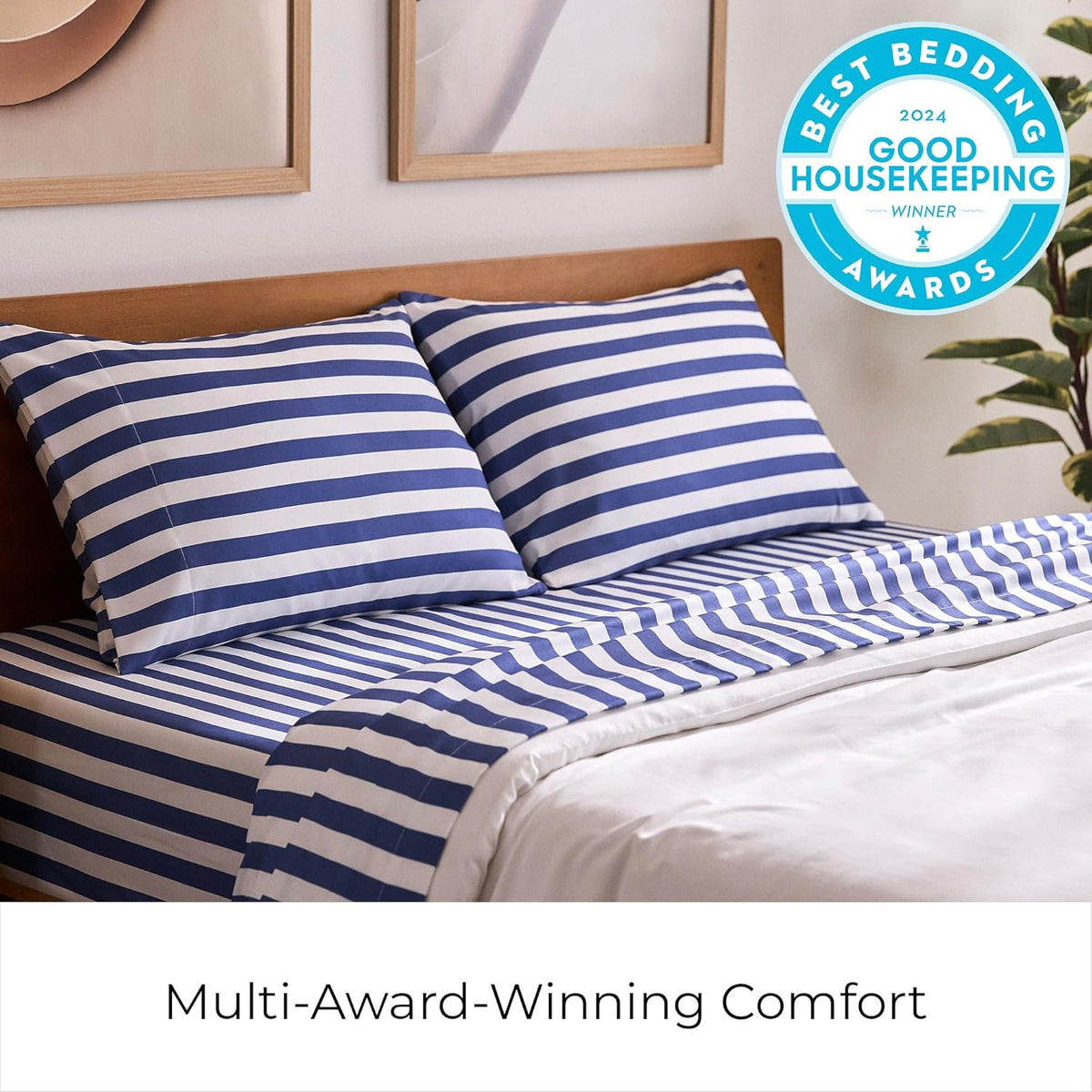 Mellanni Split King Sheets Set - 5 PC Iconic Collection Bedding - Hotel Luxury, Extra Soft, Cooling Bed Sheets - Wrinkle, Fade, Stain Resistant (Split King, Oxford Stripe Blue Nova)