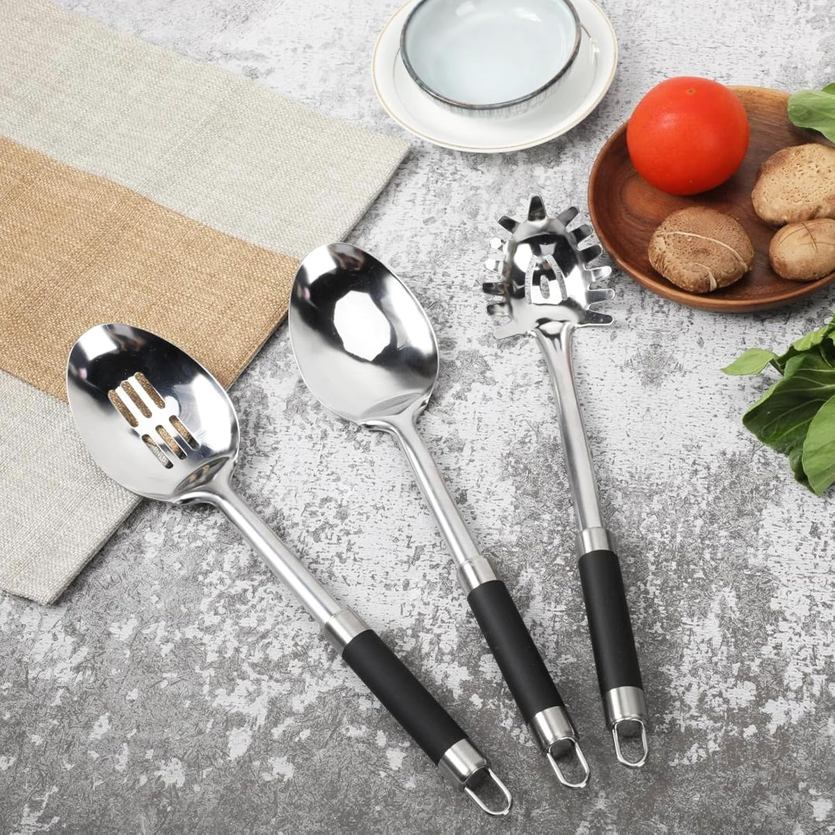 3-Piece,Stainless Steel Serving spoons set with Slotted Spoon, Serving Spoon and Spaghetti Spoon, kitchen cooking serving utensils set cooking spoon.
