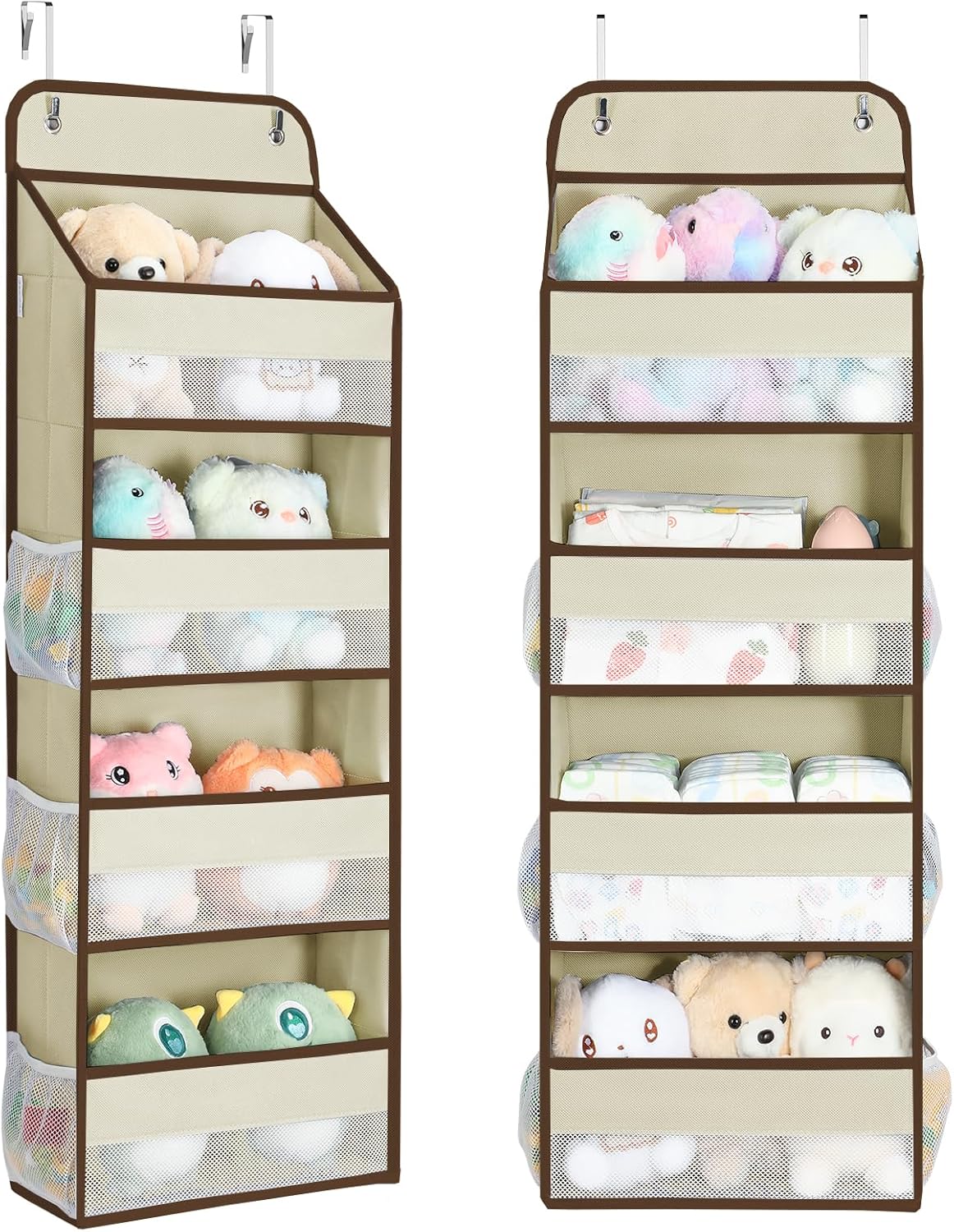 Yecaye 2 Pack 4 Tier Over the Door Organizer, Foldable Portable Baby Essentials for Stuffed Animal Storage - Multi-purpose Bathroom Closet Organizers and Storage for Kids Newborn Baby Stuff Beige