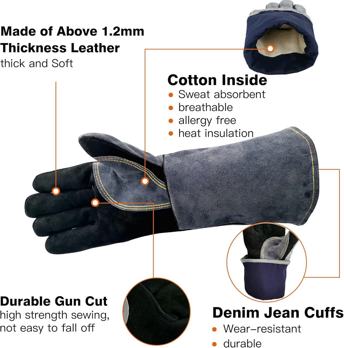16 Inches,932℉,Leather Welding Gloves, Heat/Fire Resistant,Large Mitts for BBQ,Oven,Grill,Fireplace,Tig,Mig,Forge,Baking,Furnace,Stove,Pot Holder,Animal Handling Glove.L Black-gray