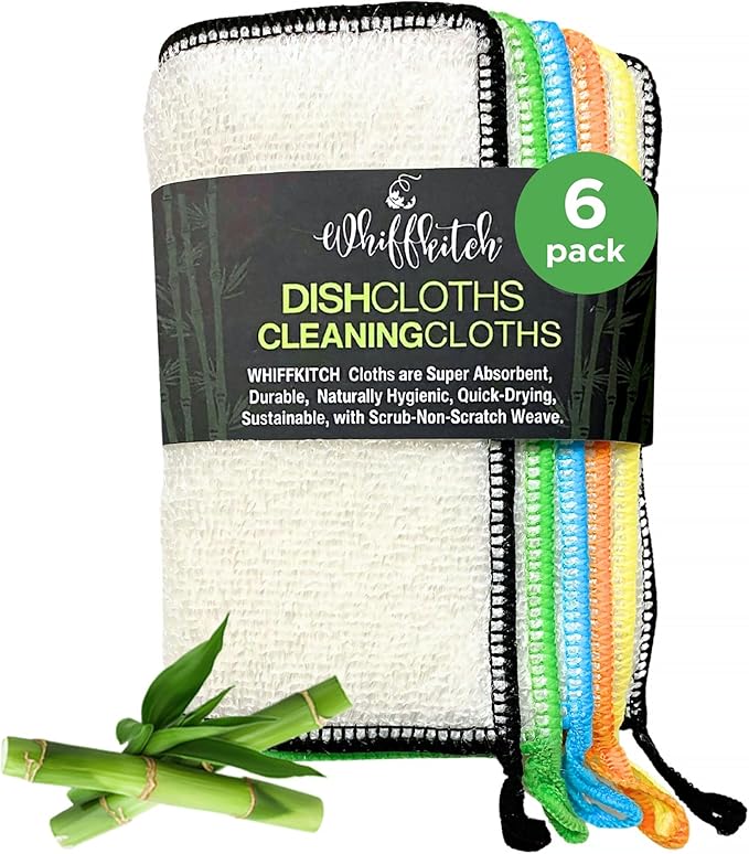 Whiffkitch Dishcloths Dishrags for Kitchen and Household Cleaning 6x7 6-Pack Non-Scratch 2-Ply Weave, Bamboo-Rayon Fabric, Absorbent, Washable, Long-Lasting