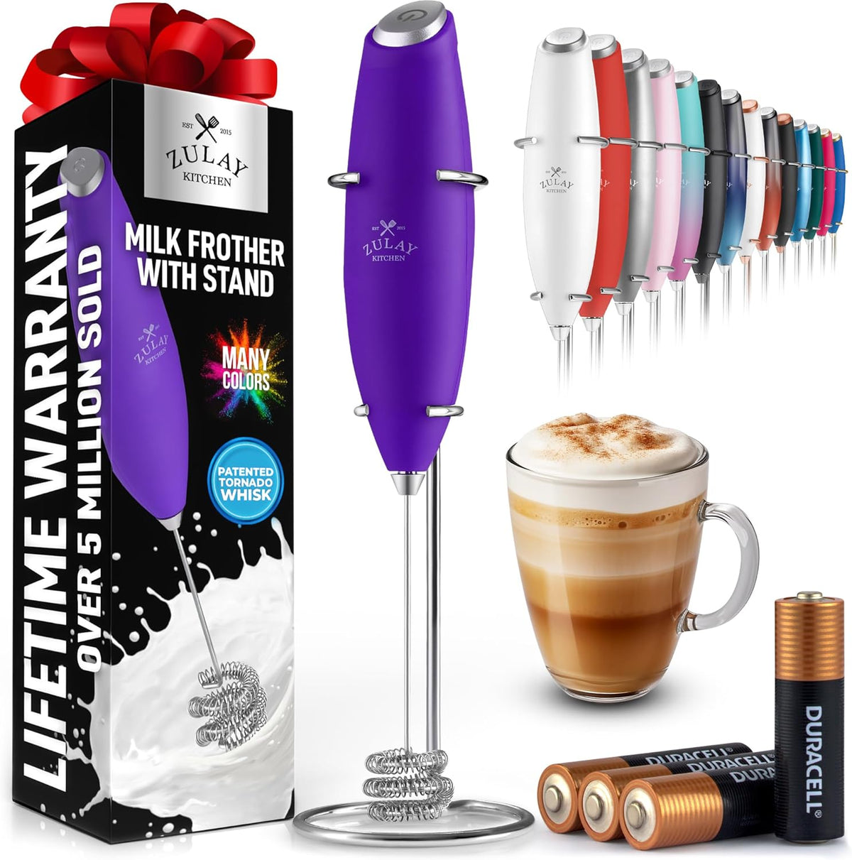 Zulay Kitchen Tornado Whisk Milk Frother with 4 AA Duracell Batteries - Triple Whisk for More Power - Handheld Coffee Frother with Stand - Drink Mixer for Lattes, Matcha & Protein Shakes