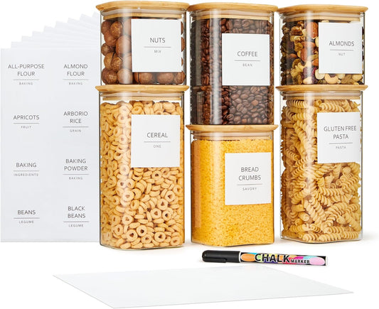 Talented Kitchen Square Glass Food Storage Containers - Airtight & Labeled Glass Kitchen Storage Containers - Space-Saving Stackable Square Pantry Jars - Pack of 6, 24/37/51 fl oz