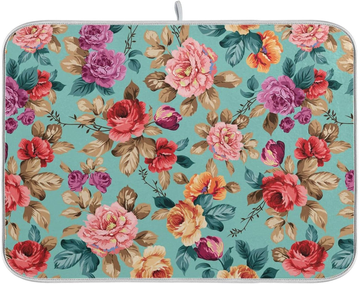 Colorful Flower Leaves Dish Drying Mat for Kitchen Counter Absorbent Microfiber Drying Pad, Medium 16x18 in, Reversible Drainer Mats