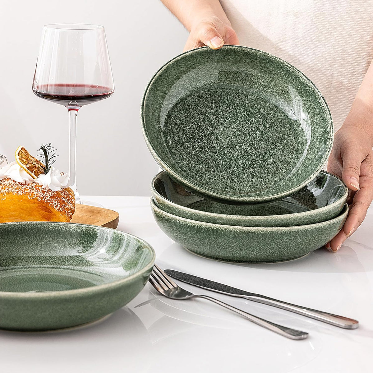 AmorArc 8.5'' Large Ceramic Pasta Bowls Set, 36oz Stoneware Bowls Set of 4 for Kitchen, Reavtive Glaze Bowls-Microwave, Dishwasher Safe for Pasta,Salad,Oatmeal -Jade Green