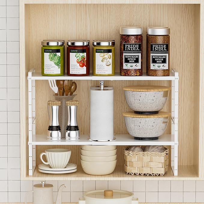Cabinet Organizer Shelves,Expandable Cabinet Spice Racks,Stackable Shelves,Adjustable Storage Shelves for Kitchen Pantry Countertop Cupboards Bathroom,White,D:8.07",2 Packs