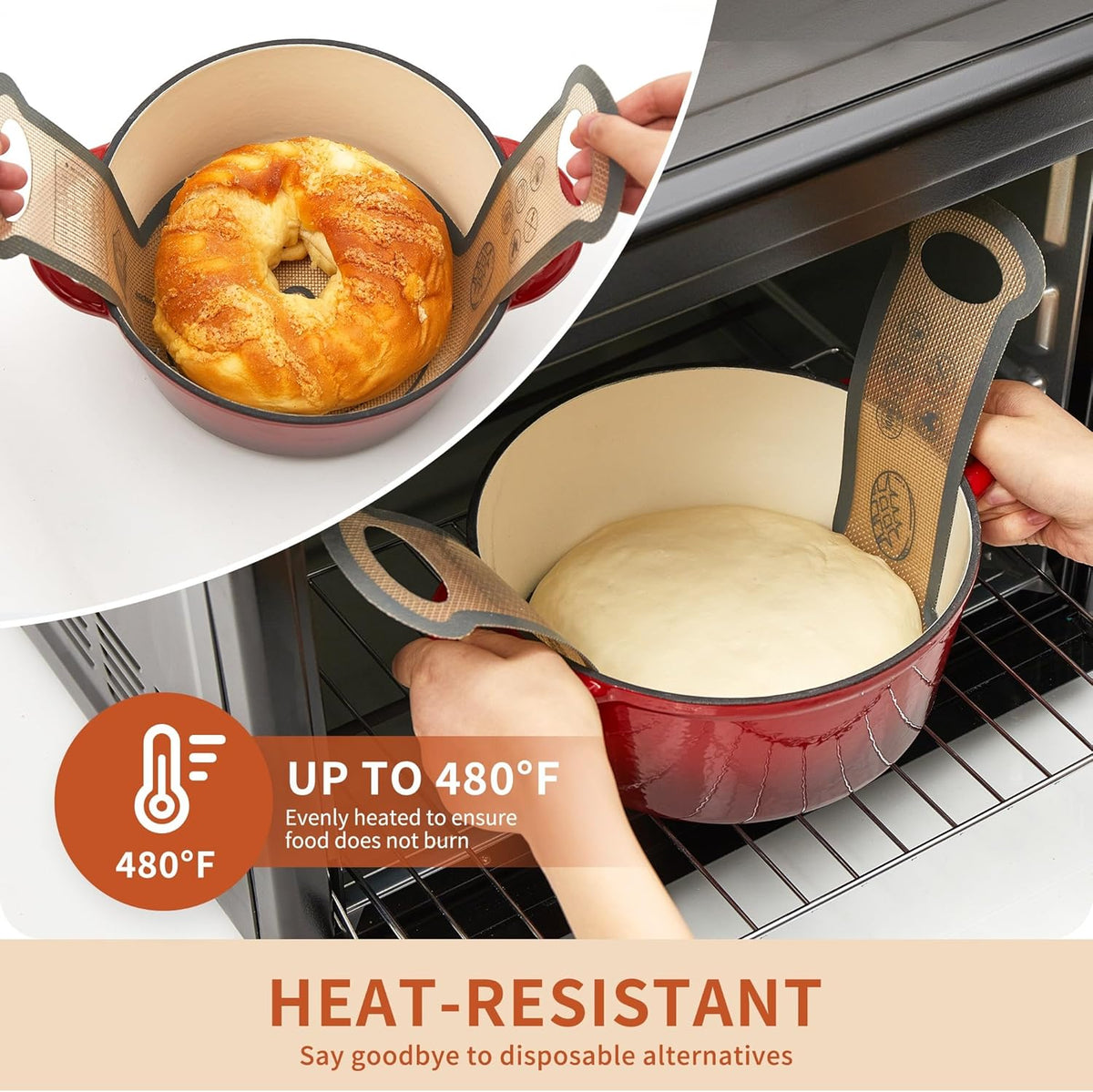 Silicone Sourdough Bread Sling Mat - 2Pcs Round Dough Baking Slings for Dutch Oven, NonStick High Degree Kitchen Sourbread Making Loaf Pan Lifter Liner, Reusable Cooking Transfer Mats with Long Handle