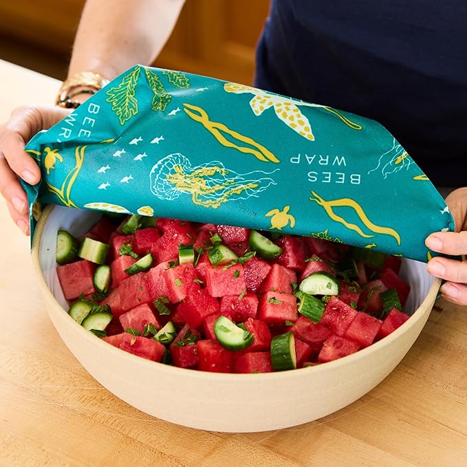 Bee's Wrap Beeswax Wraps for Food - Ocean 3 Pack (S, M, L) Made in USA Reusable & Organic Food Wraps, Sandwich Wrap & Bowl Covers - Eco-Friendly Alternative to Aluminum Foil & Plastic Wrap