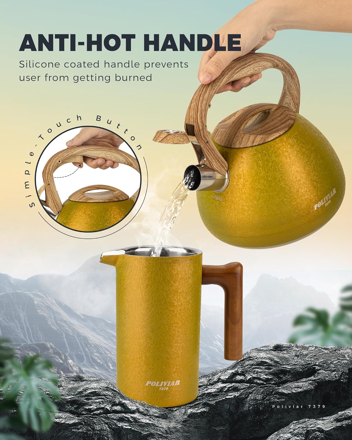 POLIVIAR Tea Kettle, 2.7 Quart Stovetop Tea Kettle, Audible Whistling Teapot with Crackle Finish, Food Grade Stainless Steel for Anti-Rust, Anti Hot Handle, Suitable for All Heat Sources (JX2023-LRY)