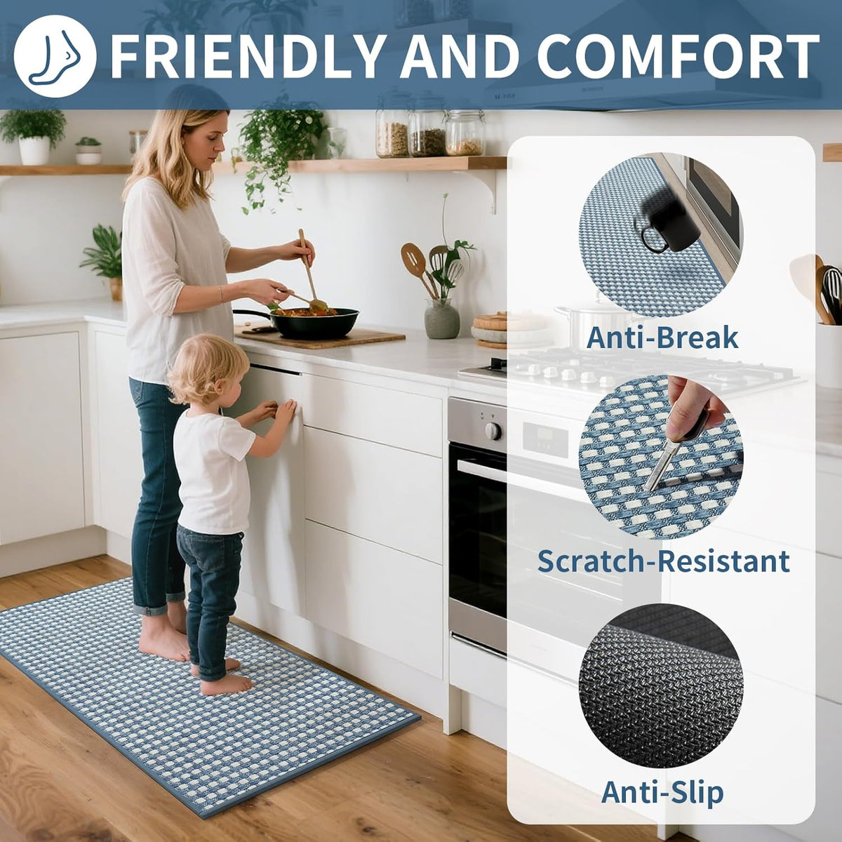 Large Kitchen Runner Rugs Long Kitchen Mat Non Slip Washable, Super Absorbent Soft Chenille Braided Kitchen Mats for Floor, Rubber Backing Kitchen Sink Standing Mat, Easy Clean, Blue 36"x71"