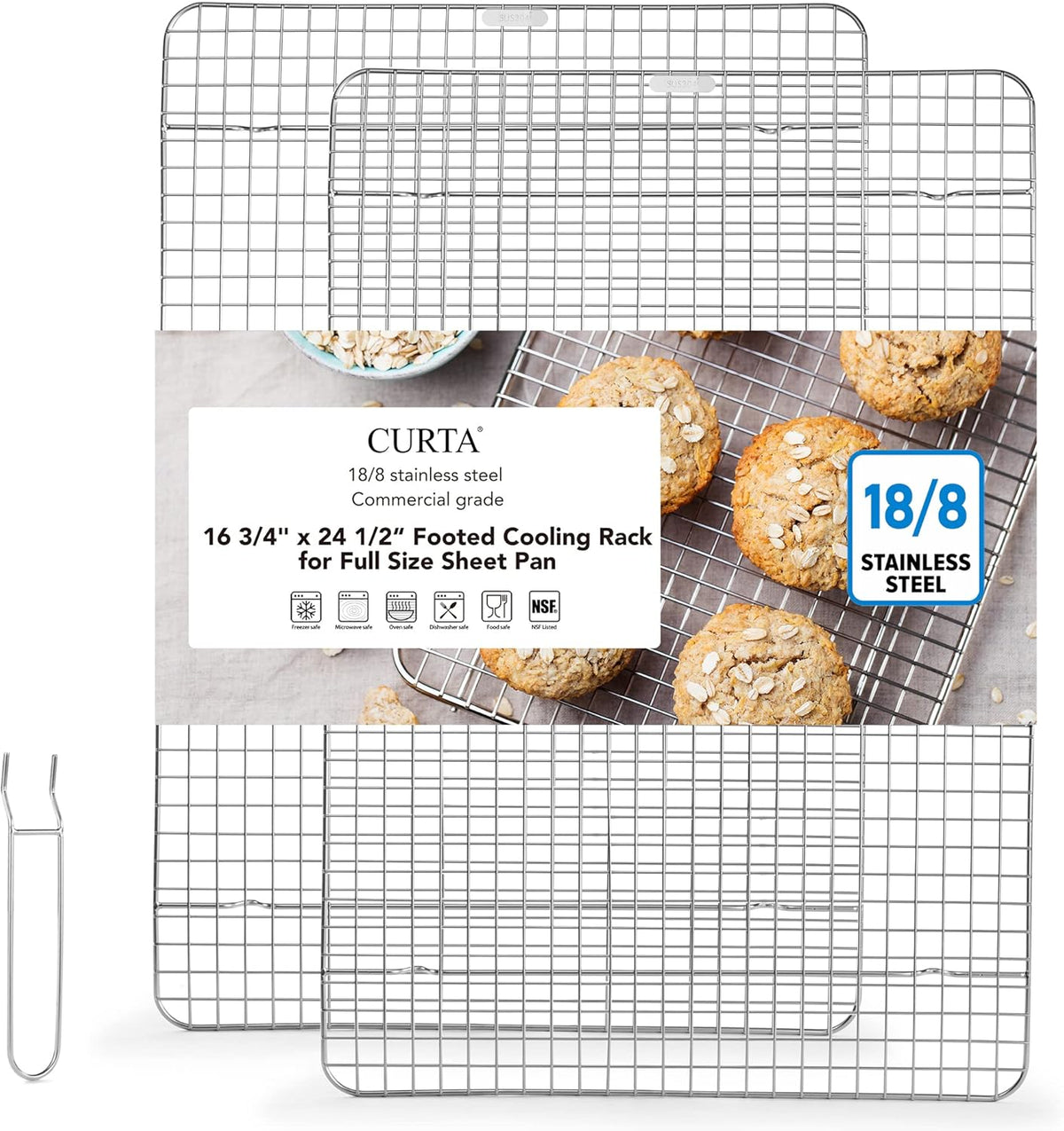 CURTA 2 Pack 16.8" X 24.4" Chef Cooling Rack,NSF Listed 18/8 Stainless Steel Oven Safe Grid Wire Cookie Cooling Racks for Baking & Cooking - Commercial Grade comes with Lifting Handl