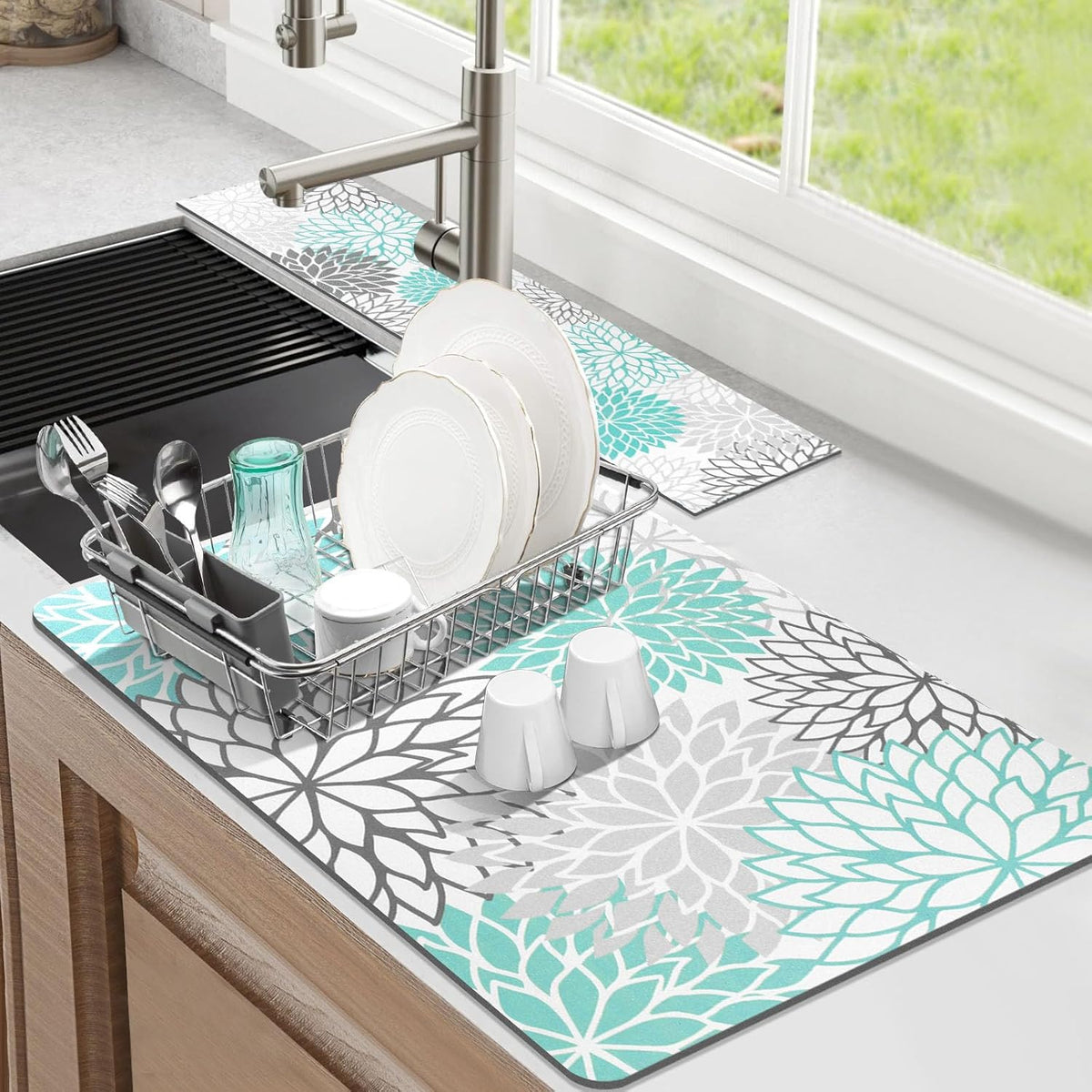 Findosom 2PCS 12" x 20" Dish Drying Mat & 24" x 5.5" Sink Splash Guard, Super Absorbent & Cuttable Dish Mat Drying Kitchen Mat with Teal Floral, Hide Stain Drying Mat for Kitchen Counter