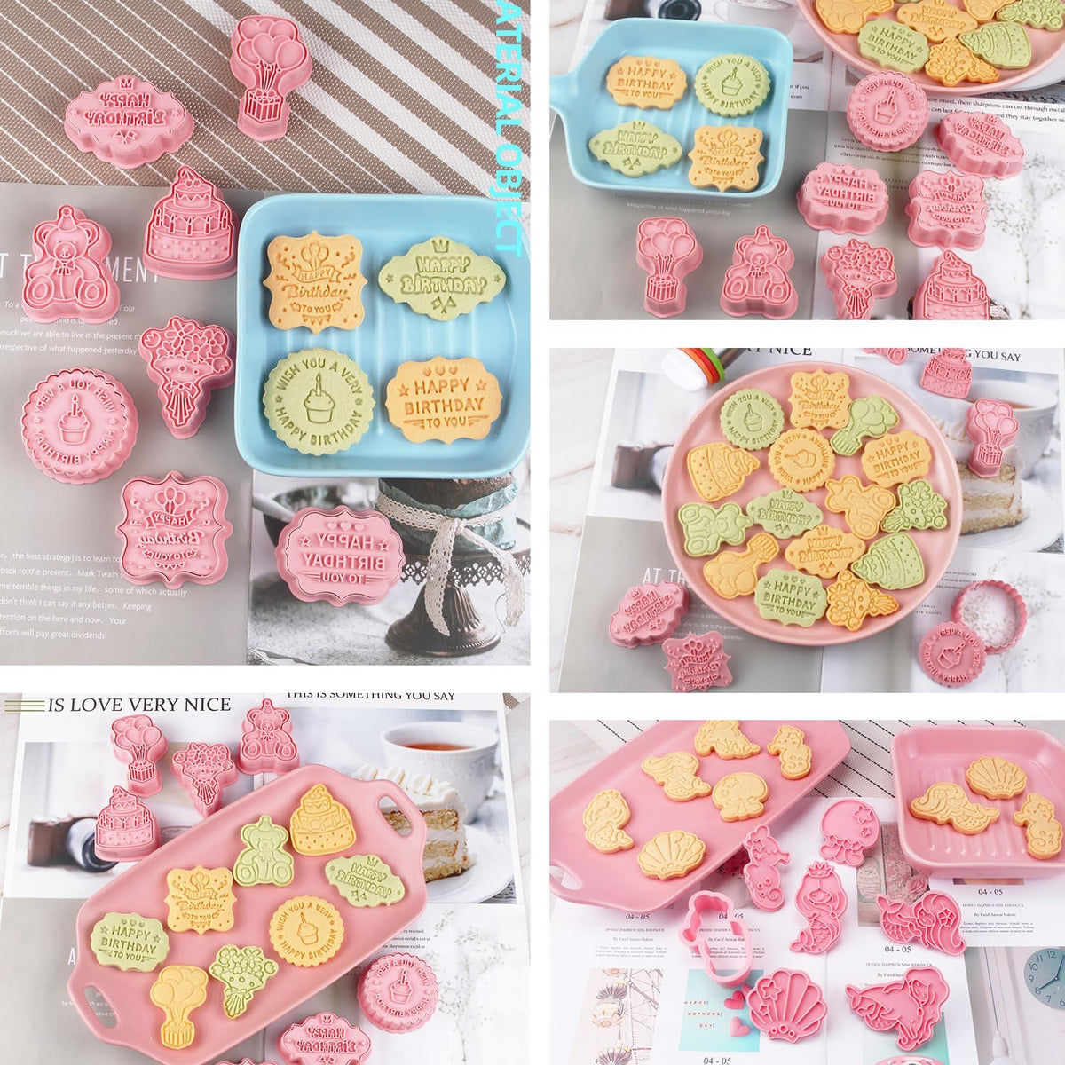 8PCS Happy Birthday Cookie Cutter Sets 3D Plastic Cookie Cutters with Plunger Stamps Pressable Biscuit Mold Cookie Molds Cake Baking Fondant Cutter Birthday Party DIY Cookie Decorating Supplies(C)