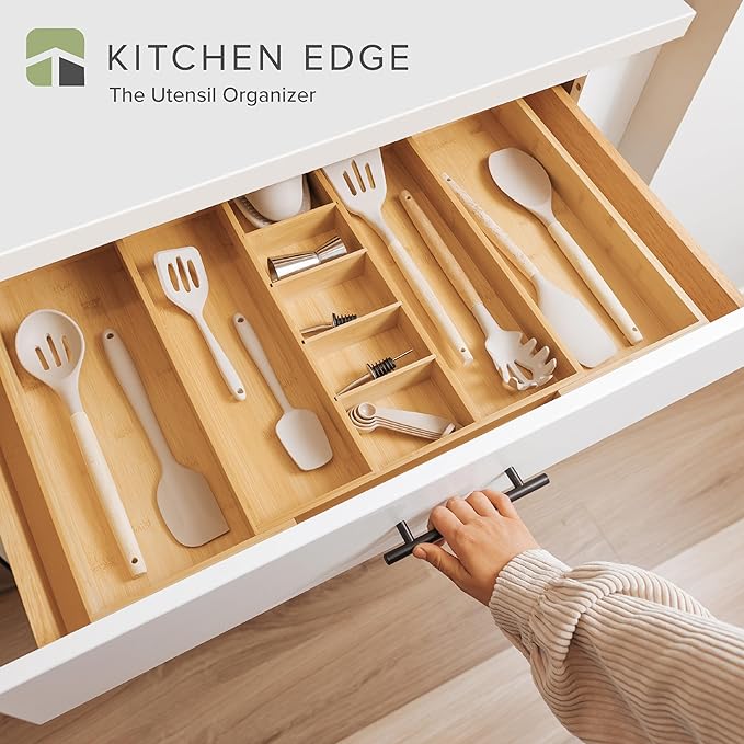 Adjustable Kitchen Drawer Organizer for Utensils and Junk, Food-Safe Contract Grade with 100% Sustainable Wood, Expandable from 16 to 28 Inches Wide - Natural Bamboo